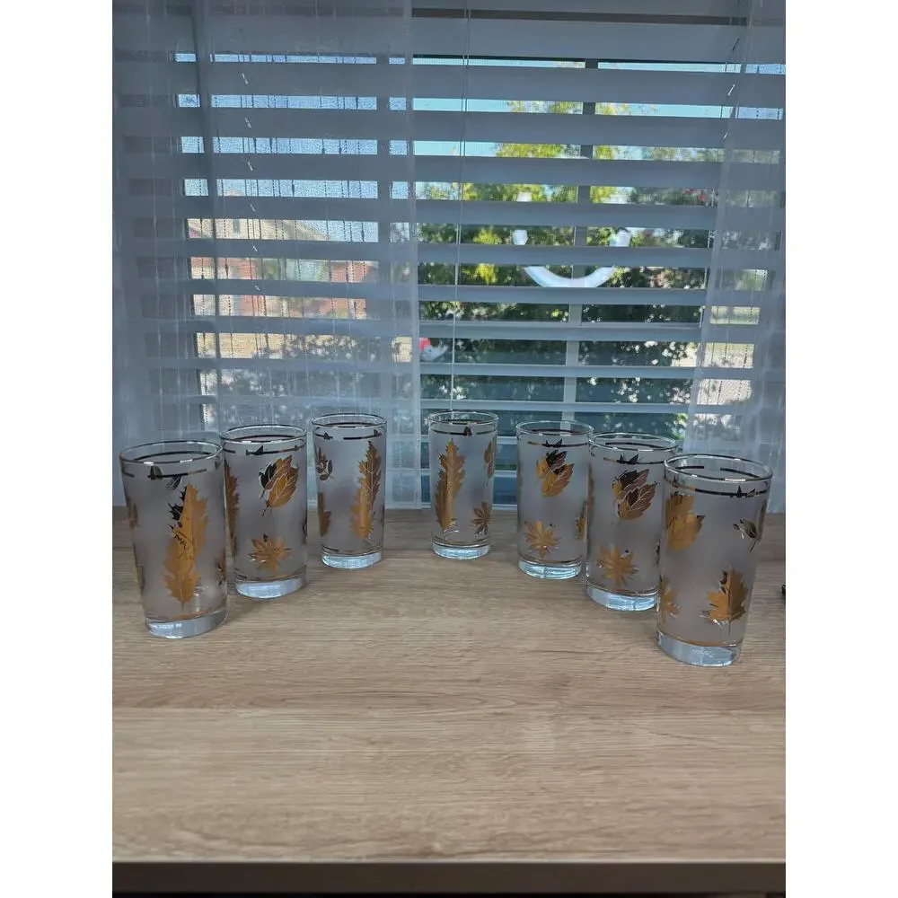 Vintage Libbey Golden Foliage Glasses Set of 7, Gold Leaf Highball Tumblers